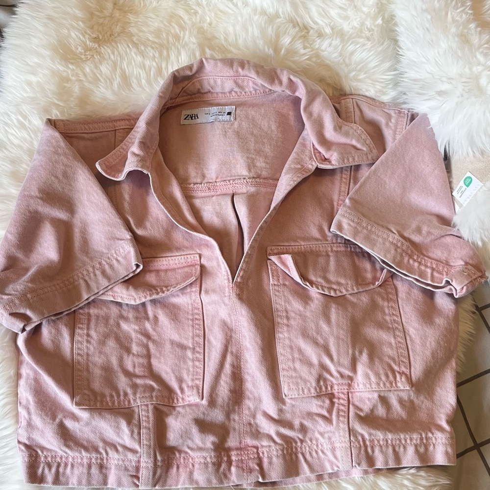 Zara Pink 3/4 Sleeve Crop Top with Notched Collar